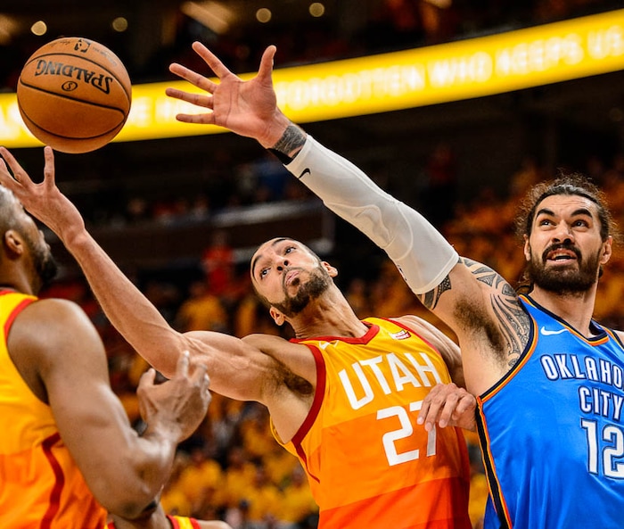 (Trent Nelson | The Salt Lake Tribune)  
Utah Jazz host the Oklahoma City Thunder, Game 3, NBA playoff basketball in Salt Lake City, Saturday April 21, 2018. Utah Jazz center Rudy Gobert (27) and Oklahoma City Thunder center Steven Adams (12).