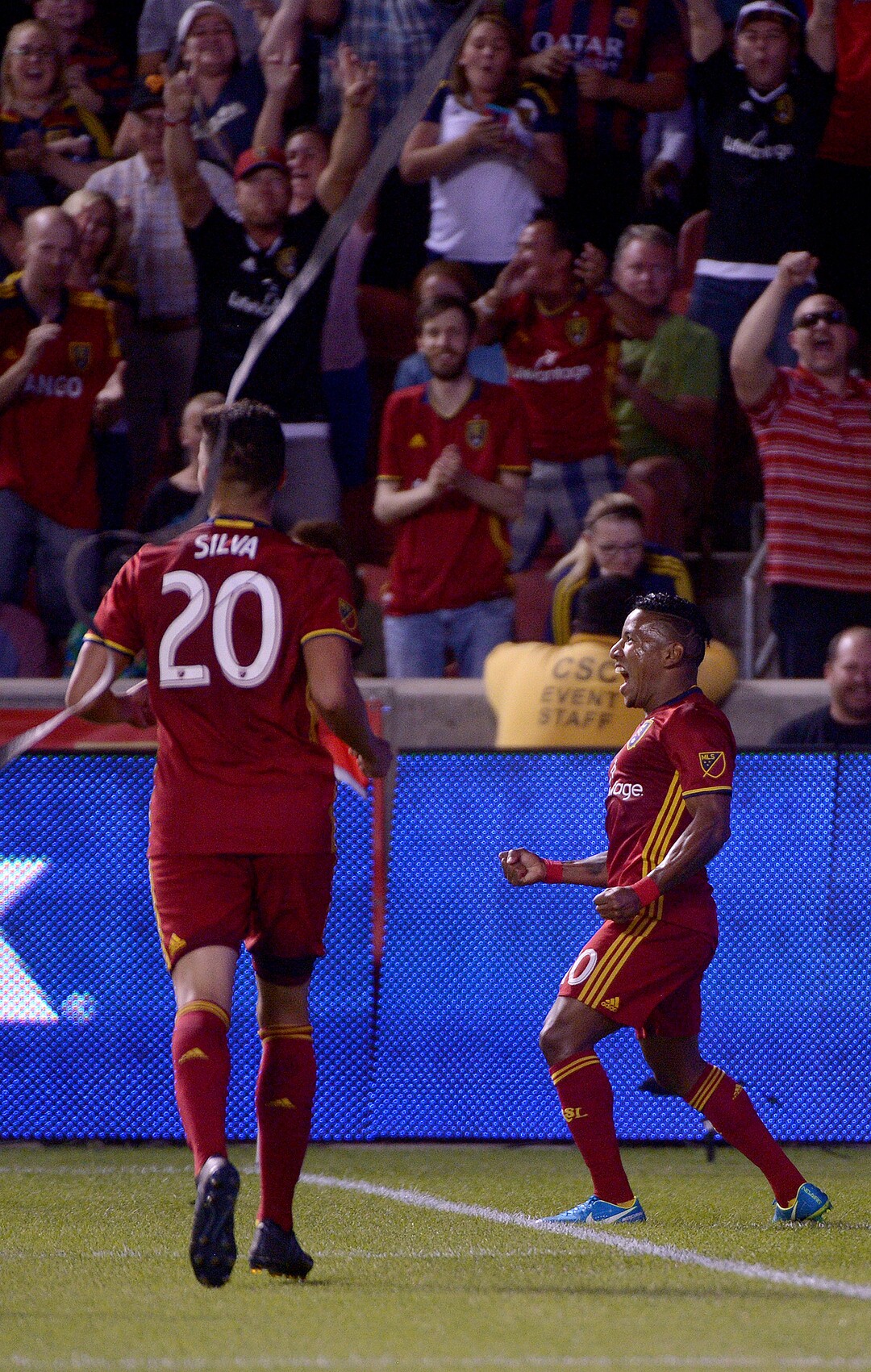 (Leah Hogsten  |  The Salt Lake Tribune) Real Salt Lake forward Joao Plata (10) celebrates his goal in the first half.   Real Salt Lake are 2-0 against the Colorado Rapids for the Rocky Mountain Cup at Rio Tinto Stadium, Saturday, August 26, 2017. 