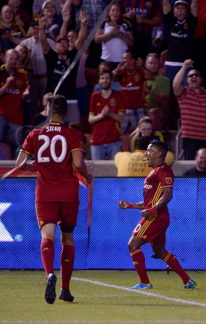 (Leah Hogsten  |  The Salt Lake Tribune) Real Salt Lake forward Joao Plata (10) celebrates his goal in the first half.   Real Salt Lake are 2-0 against the Colorado Rapids for the Rocky Mountain Cup at Rio Tinto Stadium, Saturday, August 26, 2017. 
