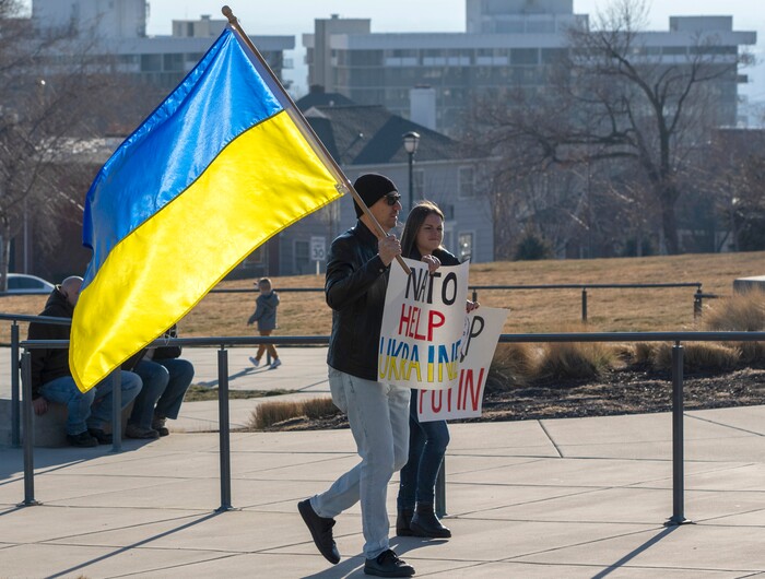 (Rick Egan | The Salt Lake Tribune) Justin Goduto and Iryna Terletska join hundreds of protesters at the Capitol for a rally in support of Ukraine, on Monday, Feb. 28, 2022.
