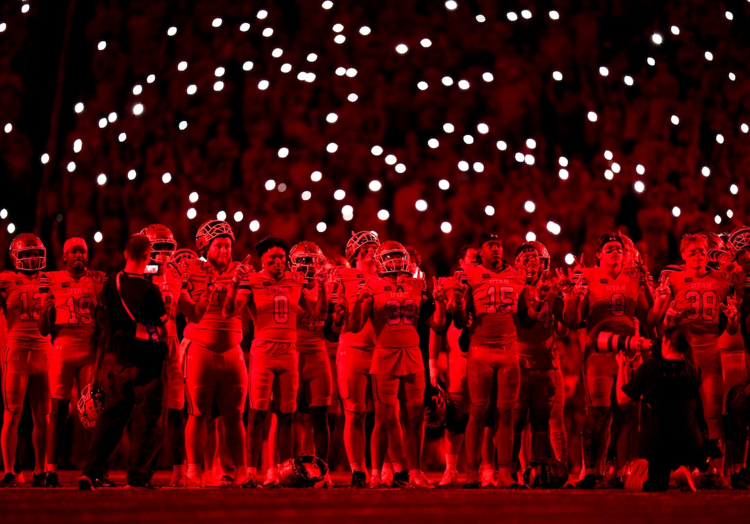 (Bethany Baker  |  The Salt Lake Tribune) Utah Utes stand in silence after the third quarter of the game between the Utah Utes and the Arkansas Razorbacks in Salt Lake City on Saturday, Sept. 12, 2026.