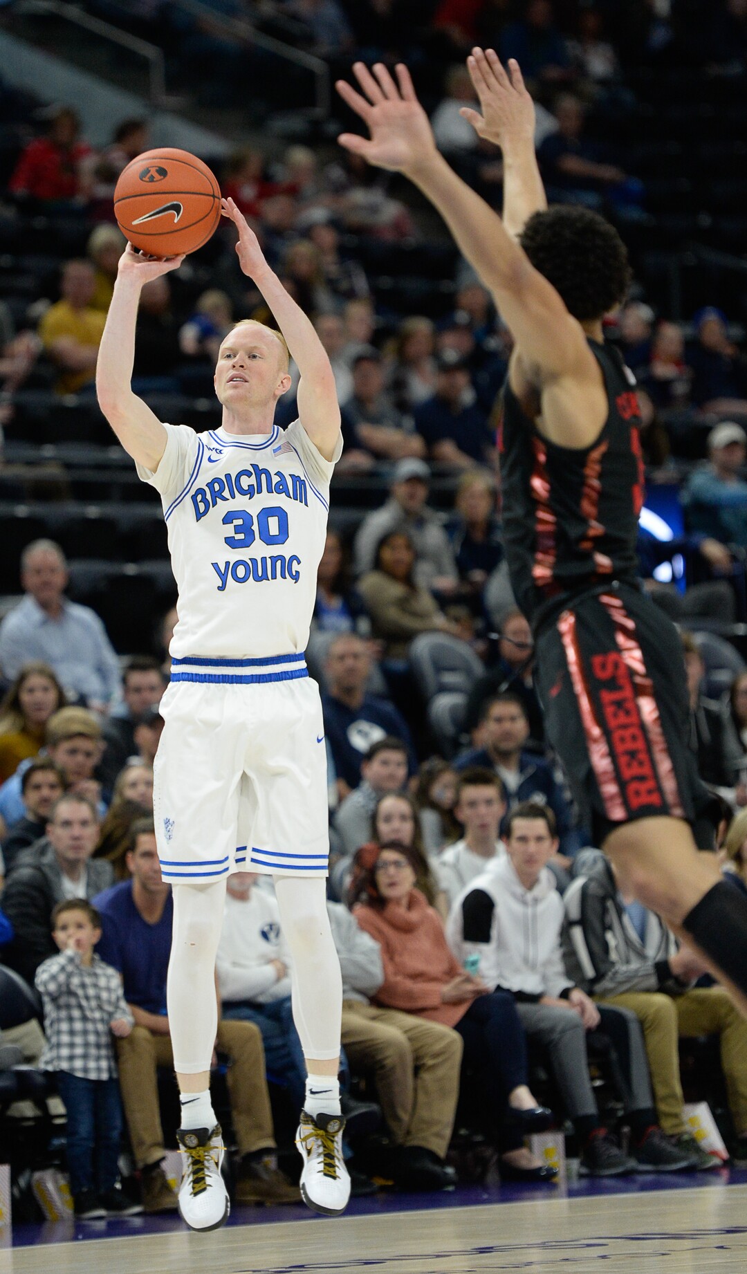 (Francisco Kjolseth  |  The Salt Lake Tribune)  Brigham Young Cougars guard TJ Haws (30) gets the three pointer as BYU takes on UNLV in men's NCAA basketball at Vivint Smart Home Arena in Salt Lake City on Sat. Dec. 7, 2019.