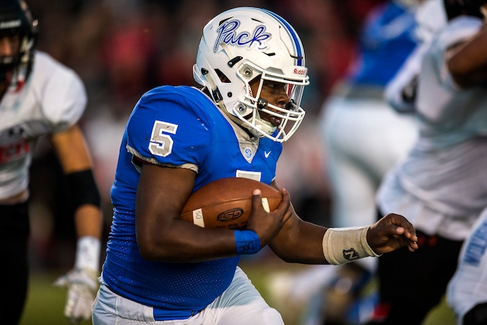 (Chris Detrick  |  The Salt Lake Tribune)  Fremont's Jay Scott (5) runs the ball during the game at Fremont High School Thursday, October 5, 2017. 