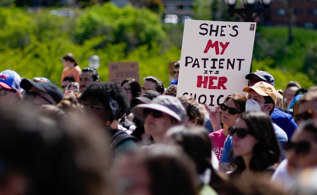 (Francisco Kjolseth | The Salt Lake Tribune) Protesters gather at the Utah Capitol for a “Bans Off Our Beehive” rally in support of abortion rights on Saturday, May 14, 2022.