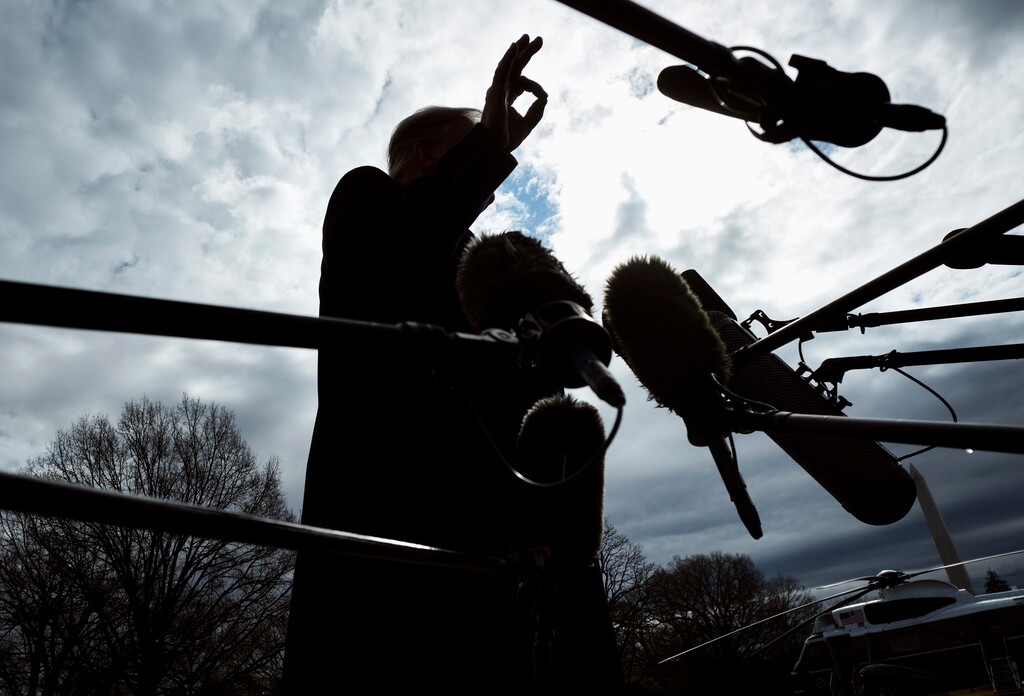 President Donald Trump speaks to reporters as he departs the White House in Washington for a day trip to Charlotte, N.C. on Friday, Feb. 7, 2020. "Democrats: The only thing you have to fear is Trump himself. You should be quaking. Our unhinged monarch had a very good week and your party had a very bad week — and that’s no B.S." writes Maureen Dowd. (T.J. Kirkpatrick/The New York Times)