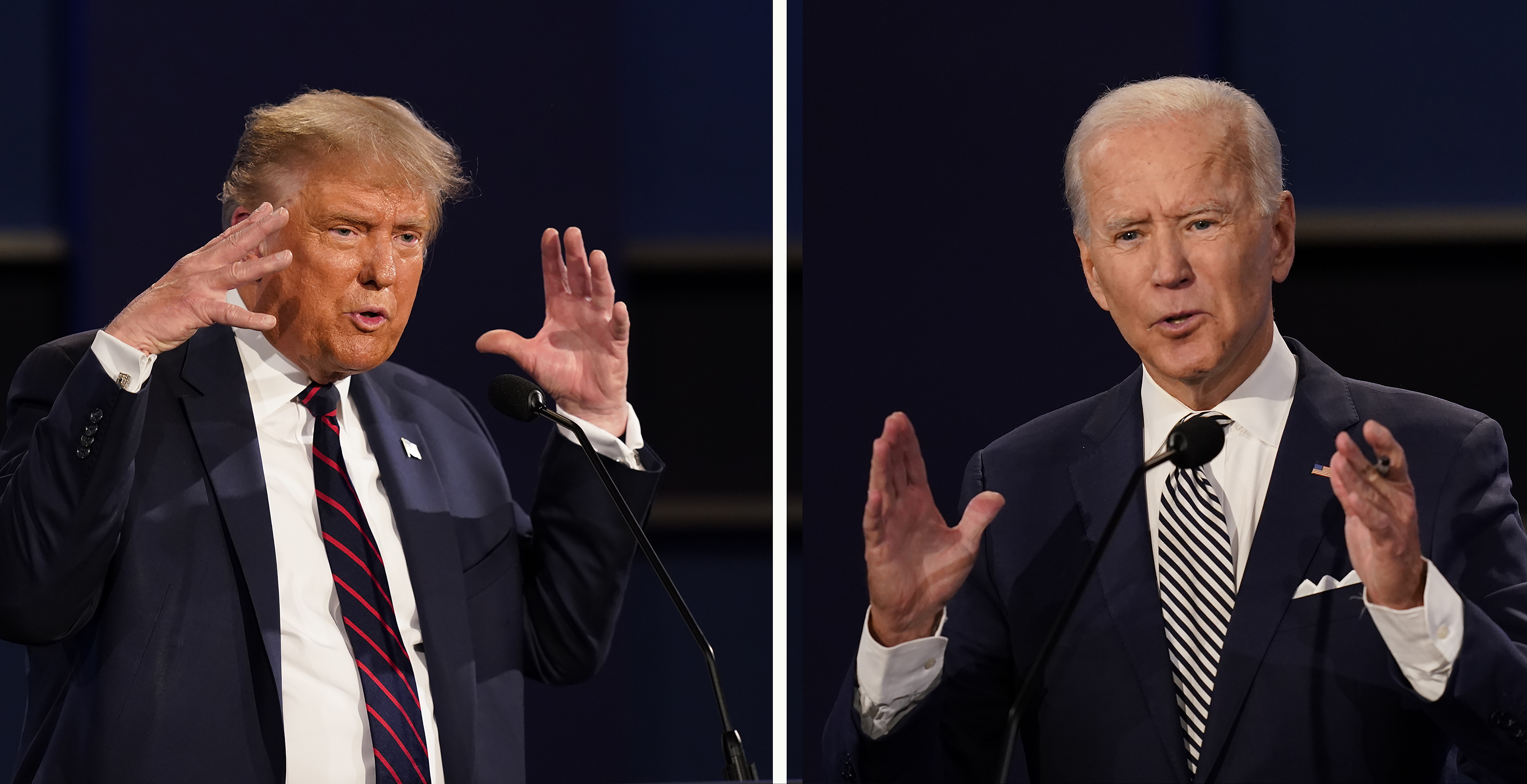 (Patrick Semansky | AP) This combination of Sept. 29, 2020, file photos show President Donald Trump, left, and former Vice President Joe Biden during the first presidential debate at Case Western University and Cleveland Clinic, in Cleveland, Ohio. The Commission on Presidential Debates says the second Trump-Biden debate will be ‘virtual’ amid concerns about the president's COVID-19.