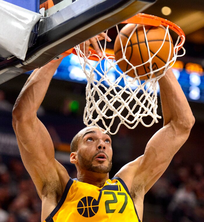 (Steve Griffin  |  The Salt Lake Tribune)  Utah Jazz center Rudy Gobert (27) throws down a dunk during the Utah Jazz versus Detroit Pistons at Vivint Smart Home Arena in Salt Lake City Tuesday March 13, 2018.