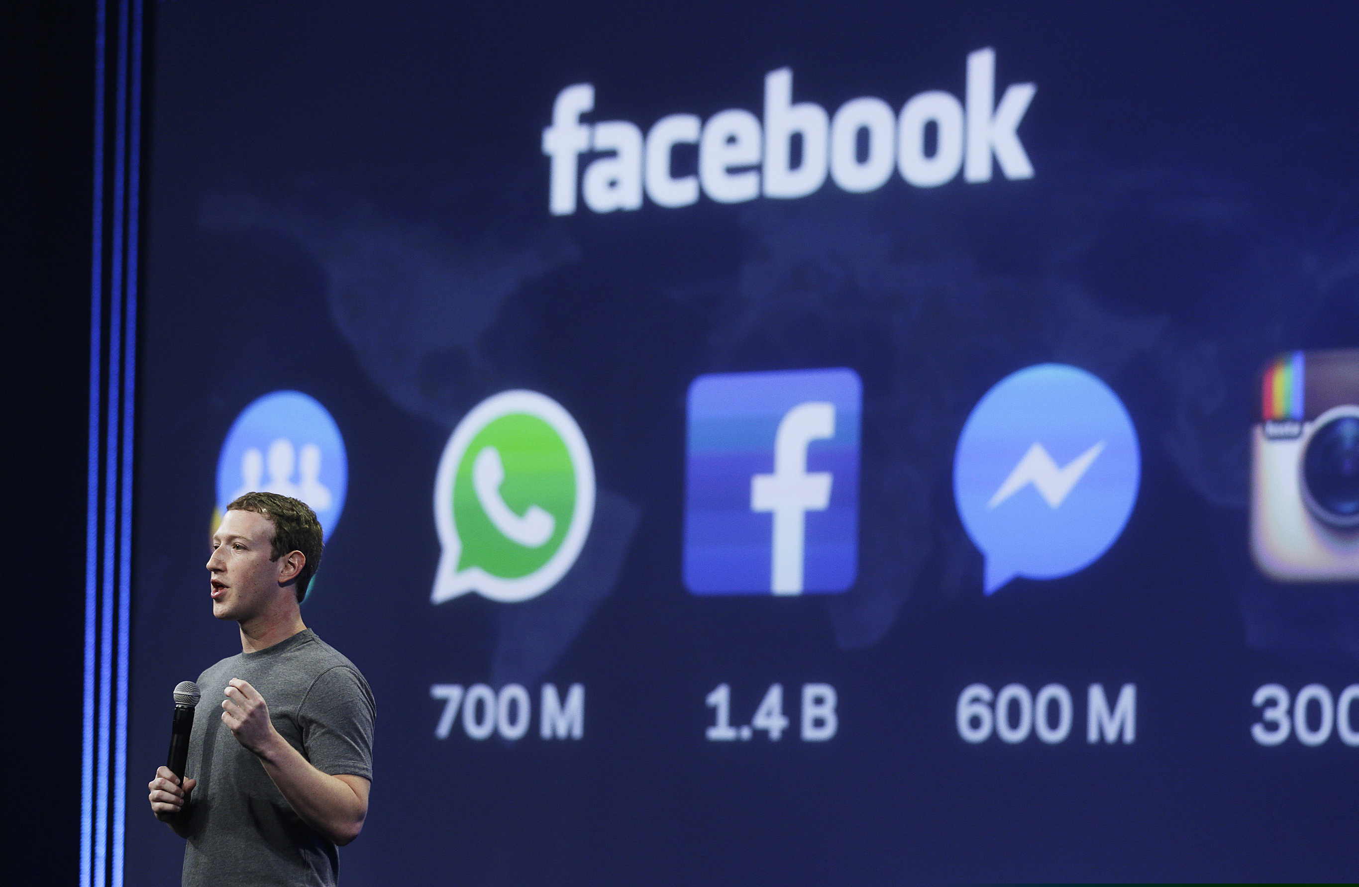 (Eric Risberg | AP file photo)

In this March 25, 2015, photo, CEO Mark Zuckerberg gives the keynote address during the Facebook F8 Developer Conference in San Francisco.