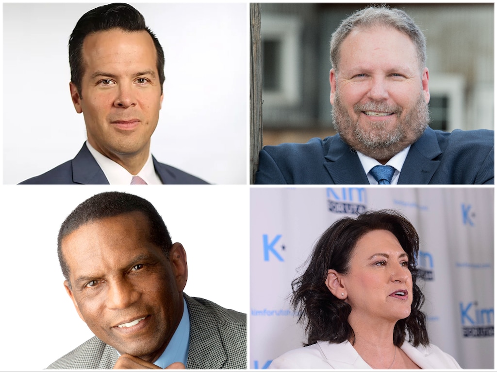 (Courtesy photos) Clockwise from top left: Republican 4th Congressional District candidates Trent Christensen, Jay McFarland, Kim Coleman and Burgess Owens.
