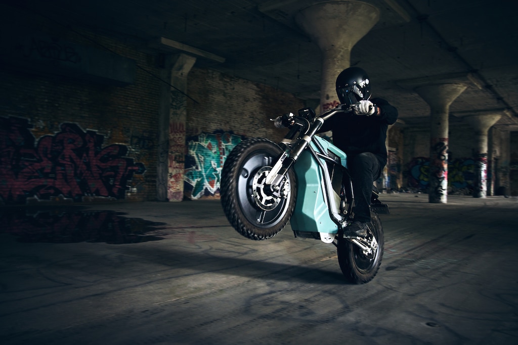 (Ladd Forde | Land Moto) The Land District electric motorcycle, which was nominated for an Innovation Award at the 2023 Outdoor Retailer show in Salt Lake City, can go faster than 70 mph but can also be limited via an app to under 40 mph, allowing it to be ridden without a motorcycle license.