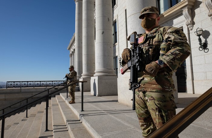 (Francisco Kjolseth  | The Salt Lake Tribune) The National Guard enhances security at the Utah Capitol for the start of the 2021 legislative session in Salt Lake City on Tuesday, Jan. 19, 2021.
