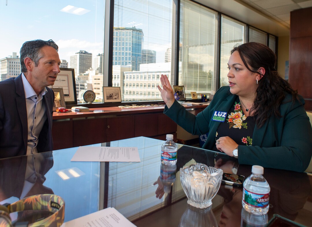 (Rick Egan  |  The Salt Lake Tribune)    Derek Miller, the president and CEO of the Salt Lake Chamber and Downtown Alliance interviews Salt Lake City Mayoral candidate, Luz Escamilla in his office, Monday, Sept. 30, 2019.