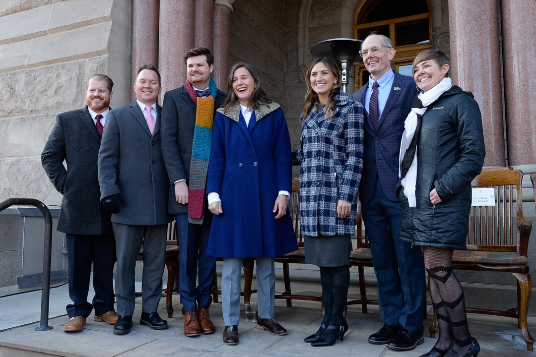(Francisco Kjolseth  |  The Salt Lake Tribune) New Salt Lake City Mayor Erin Mendenhall, center, poses for a photograph with council members James Rogers, Andrew Johnston, Chris Wharton, Ana Valdemoros, Daniel E. Dugan and Amy Fowler, from left, following inauguration ceremonies at Salt Lake City Hall on Monday, Jan. 6, 2020.