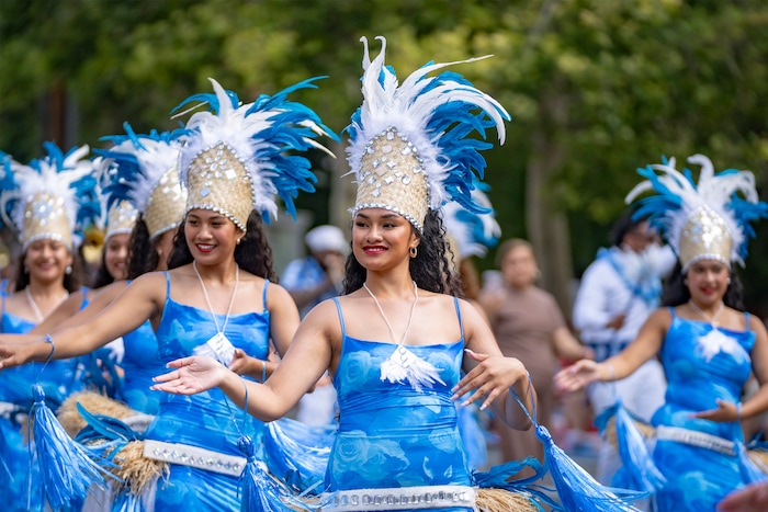 (Rick Egan | The Salt Lake Tribune) Dancers with the Liahona Band participate in the Days of '47 Parade in Salt Lake City on Thursday, July 24, 2025.