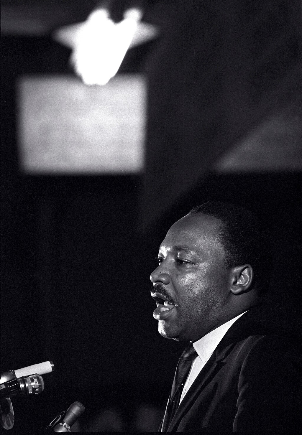 (AP Photo/Charles Kelly, File) In this April 3, 1968, file photo, the Rev. Martin Luther King Jr. makes his last public appearance at the Mason Temple in Memphis, Tenn. The following day King was assassinated on his motel balcony. Travelers will find a variety of events and sites in Memphis and elsewhere honoring King's legacy on the 50th anniversary of his death.