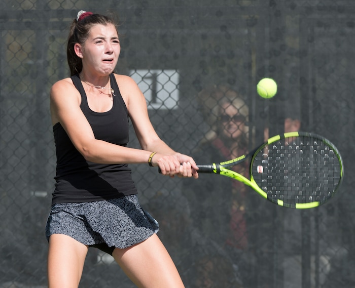 (Rick Egan  |  The Salt Lake Tribune) Daniella Aaron, Lone Peak, plays Mackenzie Turley, Davis High, in the 6A High School tennis championship game. Friday, October 6, 2017.


