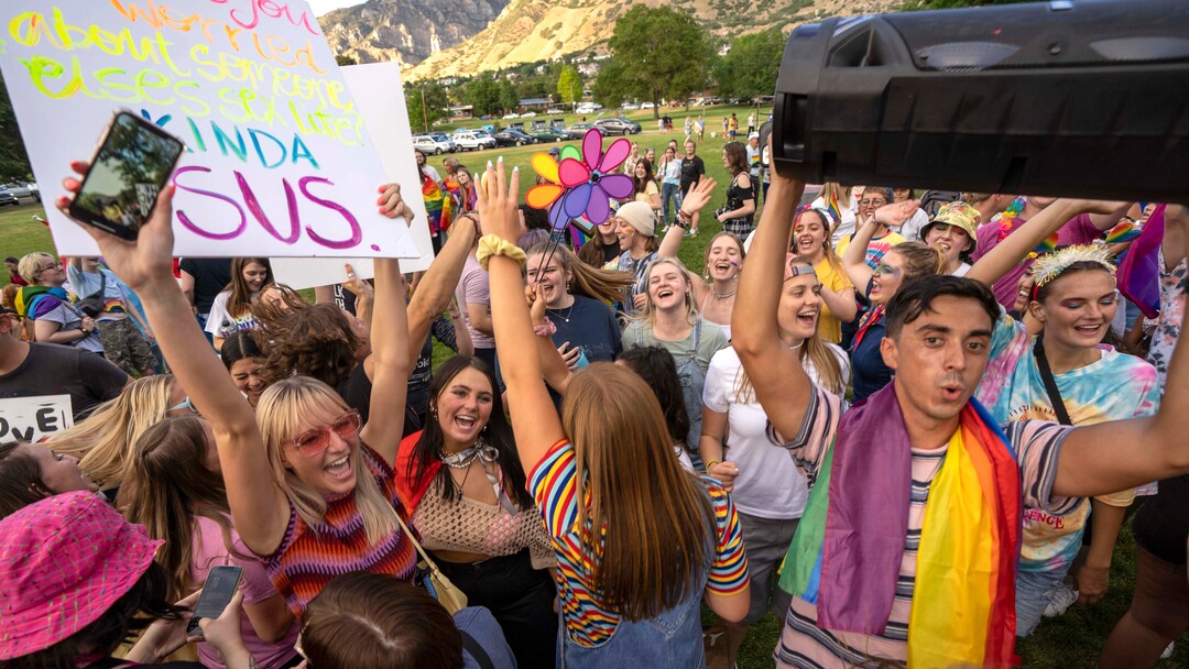 (Rick Egan | The Salt Lake Tribune) More than 1500 BYU students, friends and allies dance to the music of Lady Gaga, Brittney Spears and Taylor Swift, after a Pride March from Joaquin Park to Kiwanis Park,  in Provo, on Monday, June 28, 2021.