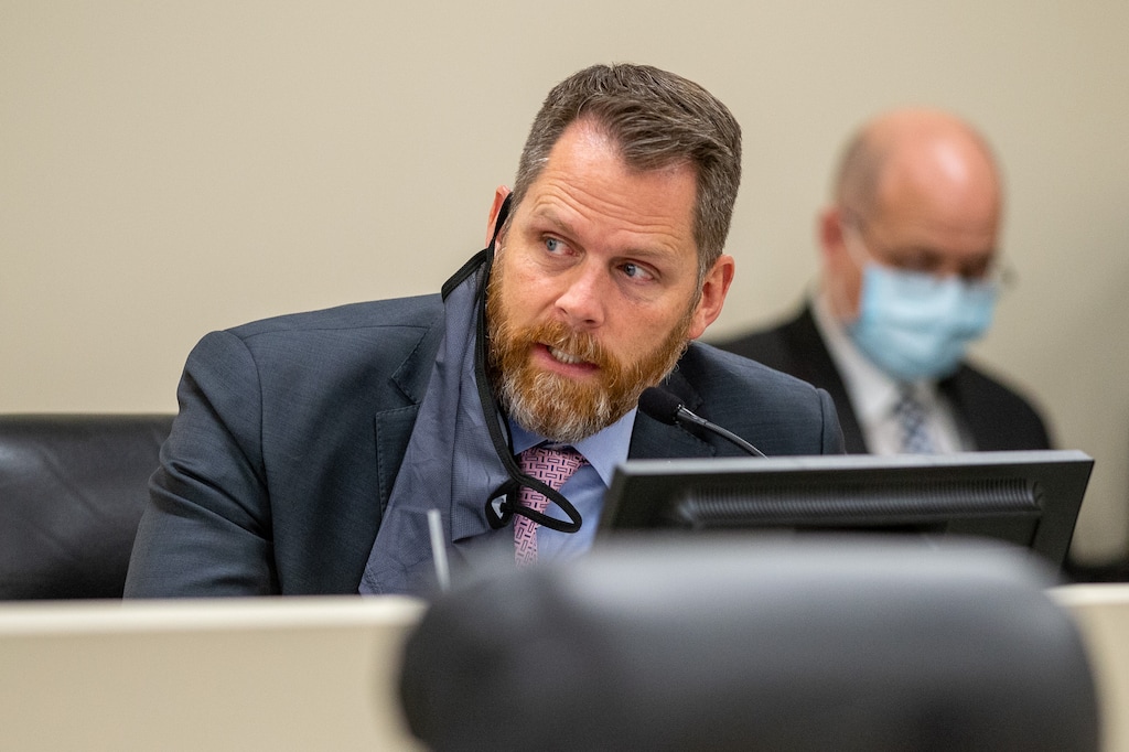 (Trent Nelson | The Salt Lake Tribune) Sen. Jacob Anderegg, R-Lehi, during a hearing on HB302, a controversial bill on transgender athletics, by the Senate Health and Human Services Standing Committee at the state Capitol in Salt Lake City on Wednesday, Feb. 24, 2021. Anderegg announced on Sept. 7, 2023 that he would be leaving the Utah Legislature.
