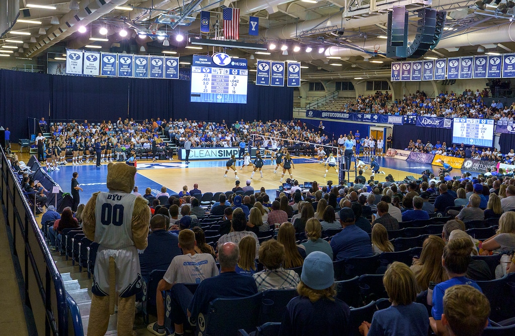 (Leah Hogsten | The Salt Lake Tribune) Fans cheer during the George Albert Smith Fieldhouse in Provo for the volleyball match-up between Brigham Young University and Utah State University, Sept. 1, 2022. BYU said on Friday, Sept. 9, 2022, that it could not corroborate claims that a Duke volleyball player was called the N-word during a match on Aug. 26.