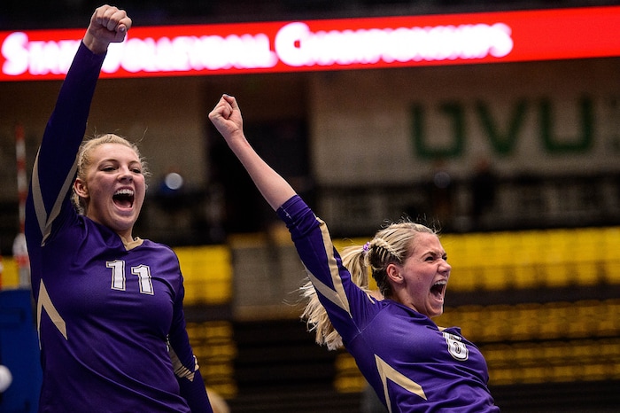(Trent Nelson | The Salt Lake Tribune) North Summit's Brecklyn Murdock and Hannah Lamon as Enterprise faces North Summit in the 2A State Volleyball Championship game in Orem, Saturday October 28, 2017.