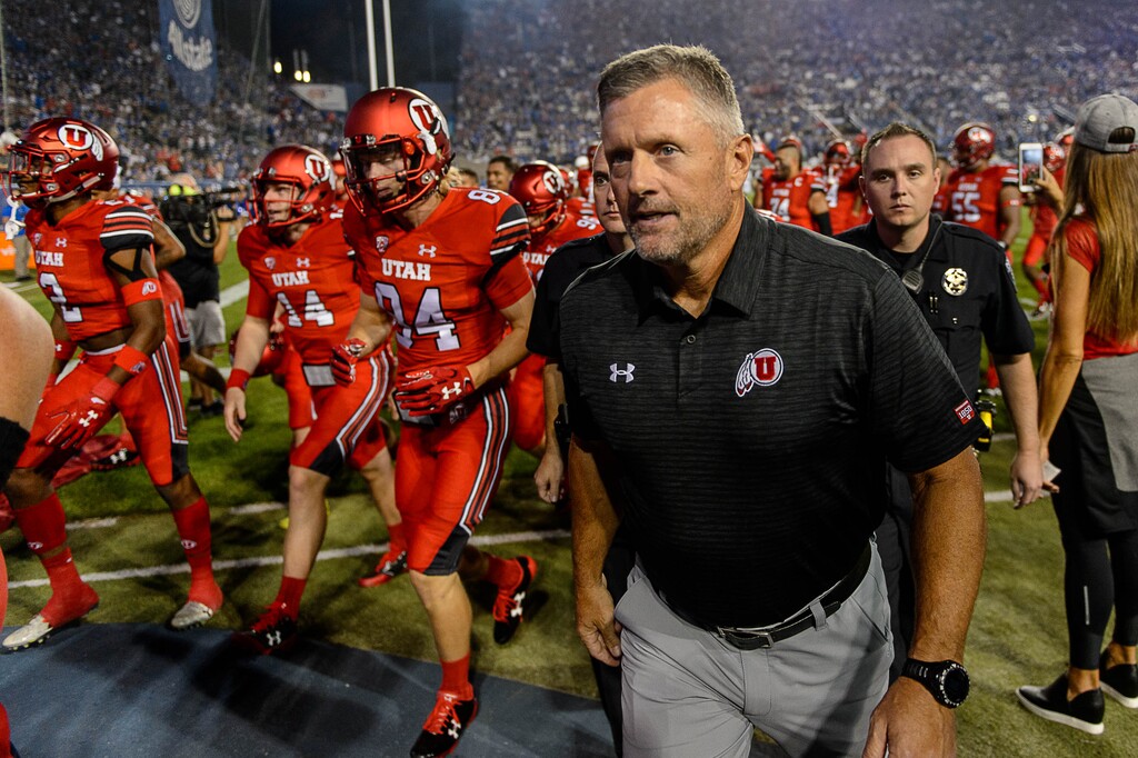 (Trent Nelson | The Salt Lake Tribune)  Utah Utes coach Kyle Whittingham heads to the locker room with his team before the game as BYU hosts Utah, NCAA football in Provo, Saturday September 9, 2017.