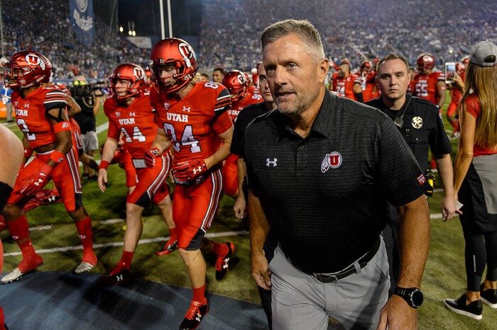 (Trent Nelson | The Salt Lake Tribune)  Utah Utes head coach Kyle Whittingham heads to the locker room with his team before the game as BYU hosts Utah, NCAA football in Provo, Saturday September 9, 2017.