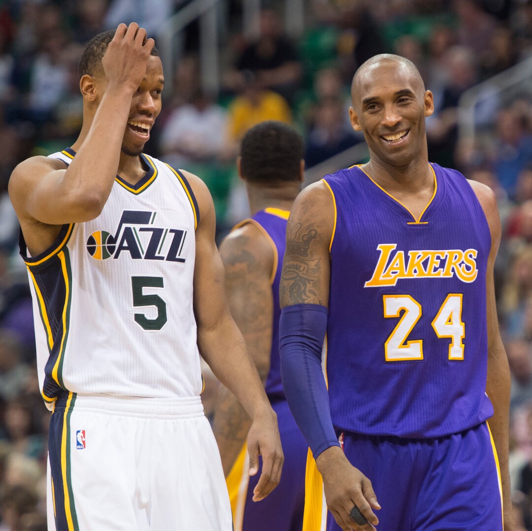Rick Egan  |  The Salt Lake TribuneLos Angeles Lakers forward Kobe Bryant (24), shares a laugh with Utah Jazz guard Rodney Hood (5), during his last basketball game in Utah, as the Utah Jazz beat the the Los Angeles Lakers 123-75, in Salt Lake City, Monday, March 28, 2016.
