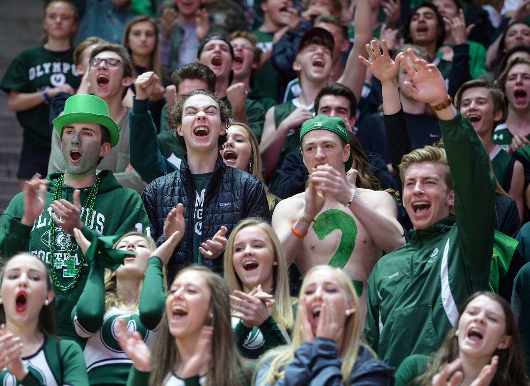 (Leah Hogsten  |  The Salt Lake Tribune) Olympus fans cheer on the team. Olympus plays Corner Canyon for the 5A High School BoysÕ Basketball Tournament Championship at the Jon M. Huntsman Center in Salt Lake City,  Saturday, March 3, 2018.