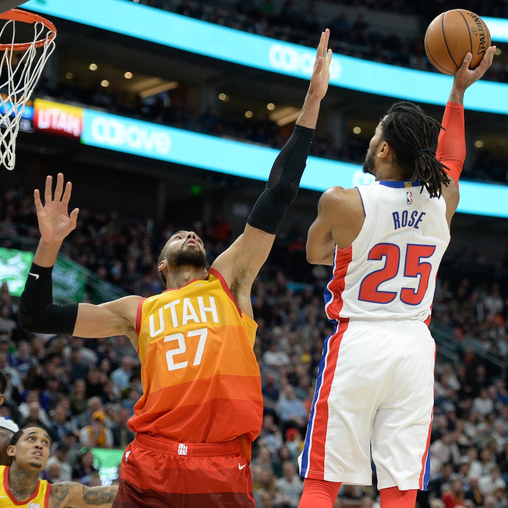 (Francisco Kjolseth | The Salt Lake Tribune) Utah Jazz center Rudy Gobert (27) pressures Detroit Pistons guard Derrick Rose (25) as the Utah Jazz host the Detroit Pistons in their NBA basketball game at Vivint Smart Home Arena in Salt Lake City on Monday, Dec. 30, 2019.