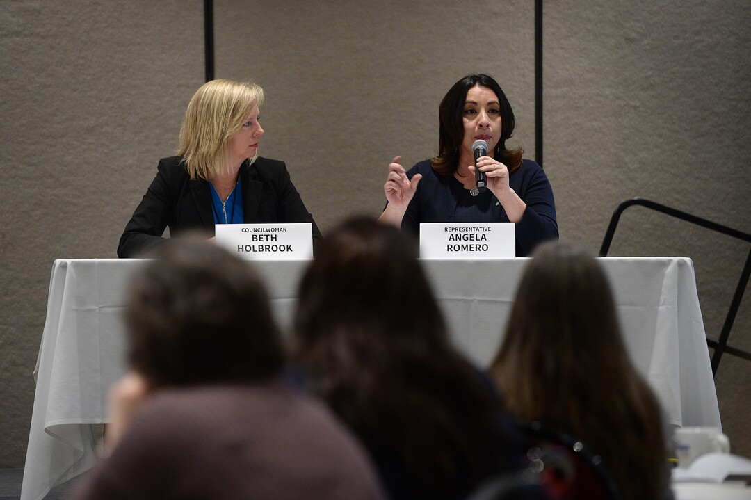(Scott Sommerdorf   |  The Salt Lake Tribune)   Councilwoman Beth Holbrook, left, and Rep. Angela Romero, D-Salt Lake, at the panel discussion: Tales from the Trail at the Real Women Run training in campaign management, fundraising and research for political campaigns, Saturday, January 13, 2018.