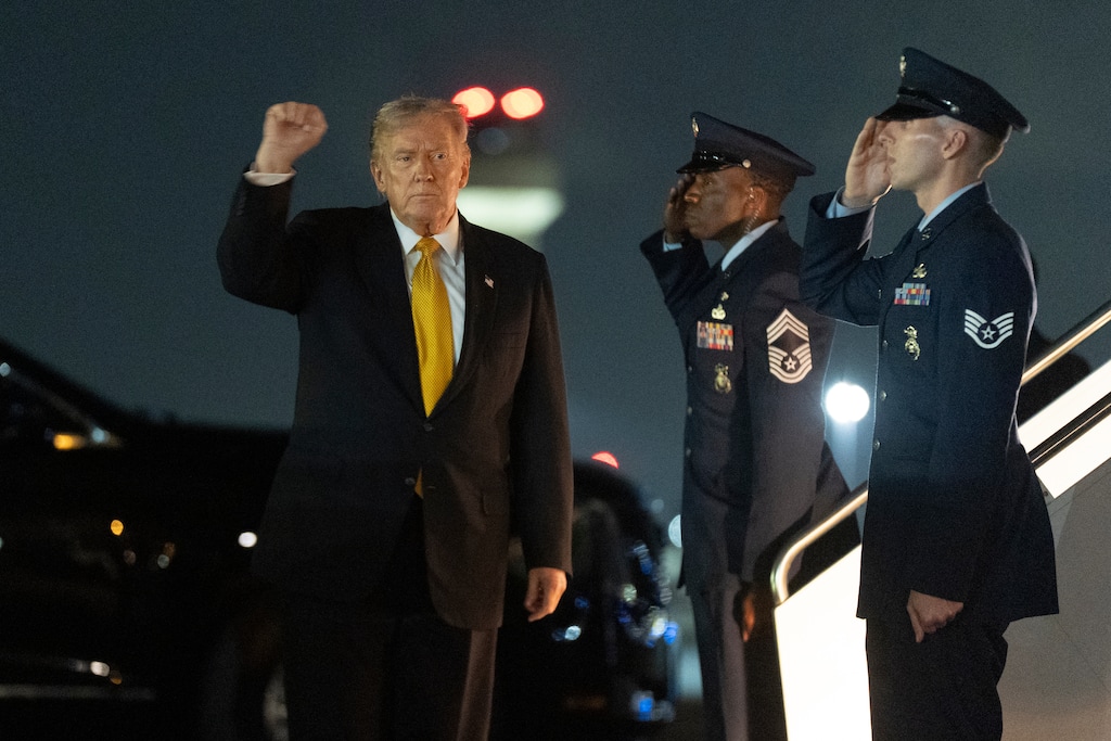 President Donald Trump arrives Palm Beach International Airport in West Palm Beach, Fla., on Air Force One, for a weekend trip at his Mar-a-Lago estate in Palm Beach, Fla., Friday, Nov. 7, 2025. (AP Photo/Manuel Balce Ceneta)