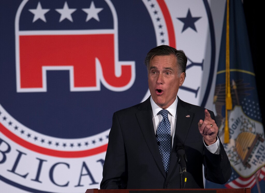 (Scott Sommerdorf | The Salt Lake Tribune) Former Republican presidential candidate and now Senate hopeful Mitt Romney speaks at the 2018 Utah County Republican Party Lincoln Day Dinner in Provo on Friday.