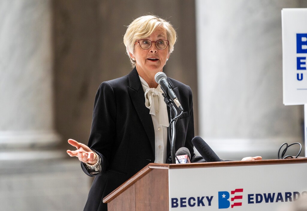 (Rick Egan | The Salt Lake Tribune)  Former Rep. Becky Edwards launches her U.S. Senate campaign against Mike Lee in the Capitol Rotunda, on Thursday, May 27, 2021.