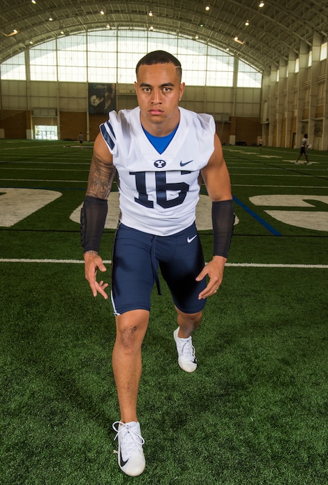 (Rick Egan  |  The Salt Lake Tribune)  BYU linebacker Sione Takitaki says his wife of two years, former BYU swimmer Alyssa Penney, helped turn his life around after the couple met at a bonfire their freshman year