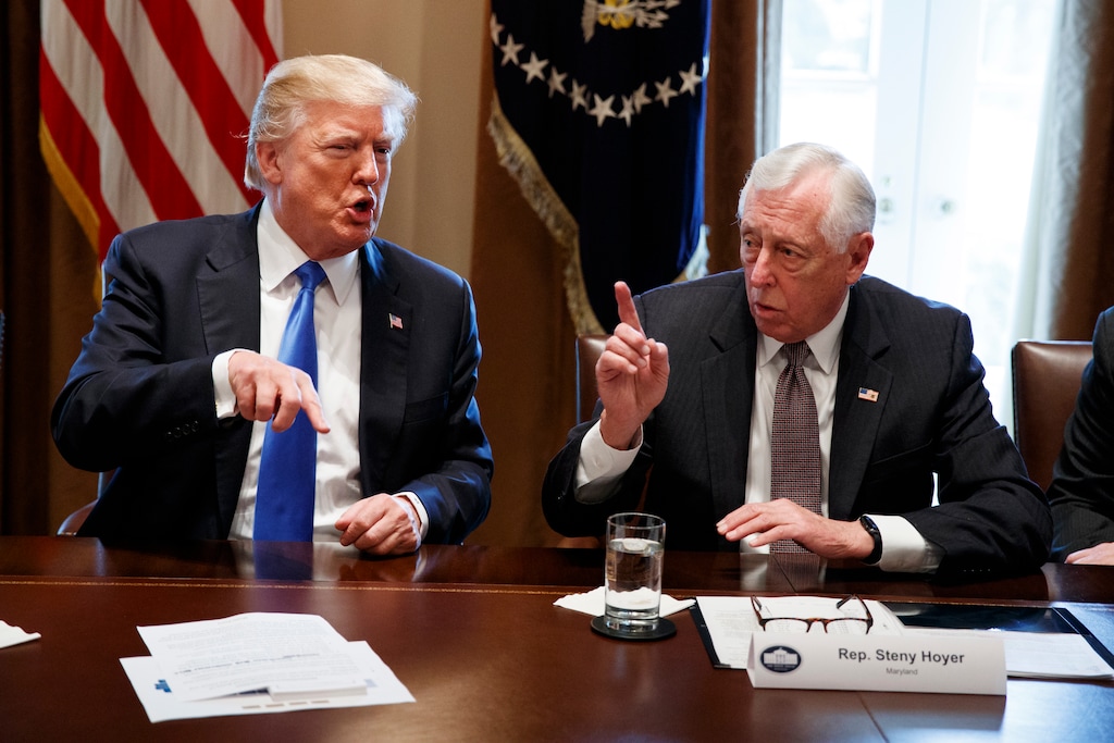 President Donald Trump speaks with Rep. Steny Hoyer, D-Md., during a meeting with lawmakers on immigration policy, Tuesday, Jan. 9, 2018, in Washington. (AP Photo/Evan Vucci)