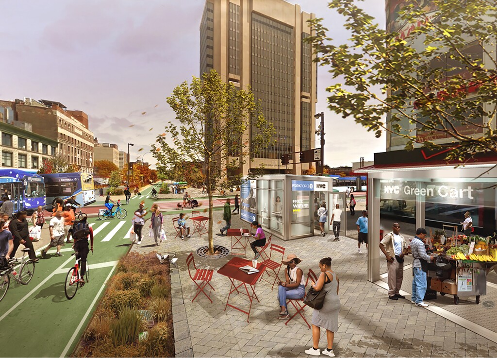 (Practice for Architecture and Urbanism via The New York Times) In an undated image provided by Practice for Architecture and Urbanism, a rendering of what an intersection on Adam Clayton Powell Jr. Boulevard in New York could look like. As the roads became freer of cars during the coronavirus pandemic, they grew full of possibility.