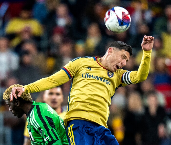 (Rick Egan | The Salt Lake Tribune) Real Salt Lake midfielder Damir Kreilach (8) heads the ball, in MLS action between Real Salt Lake and Austin FC, in Sandy, on Saturday, March 11, 2023.