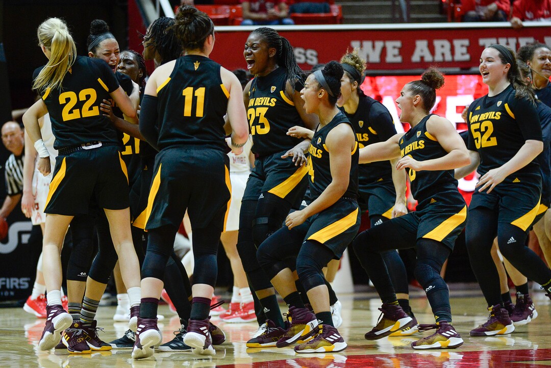 (Francisco Kjolseth  |  The Salt Lake Tribune)  The Arizona State Sun Devils mob Arizona State Sun Devils guard Reili Richardson (1) after her buzzer winning shot against the Utes' in Pac-12 home opener at the Jon M Huntsman Center on Friday, Jan. 4, 2019. Off to one of their best starts in team history, their twelve in a row winning streak came to an end losing to the Sun Devils 63-65.