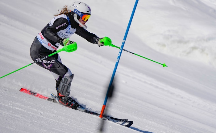(Francisco Kjolseth | The Salt Lake Tribune) Julia Toivianen of Westminster College competes in women’s slalom during the NCAA Skiing Championships held at Park City Mountain Resort on Friday, March 11, 2022, in Park City, Utah.