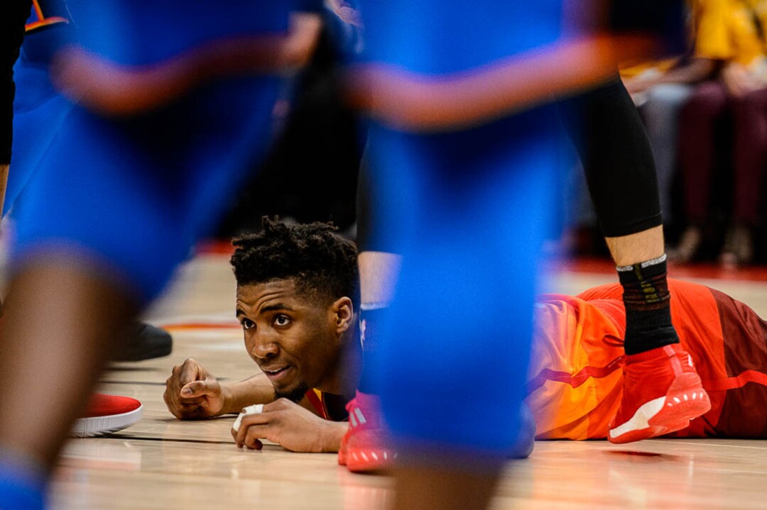 (Trent Nelson | The Salt Lake Tribune)  Utah Jazz host the Oklahoma City Thunder, Game 3, NBA playoff basketball in Salt Lake City, Saturday April 21, 2018. Utah Jazz guard Donovan Mitchell (45) picks up his fourth foul.