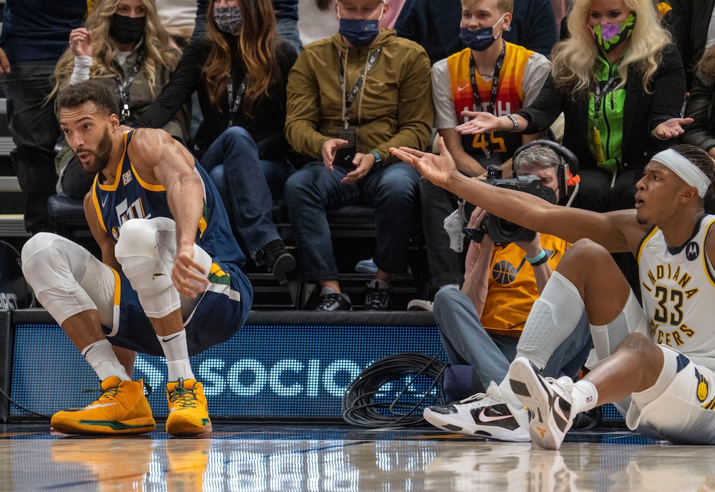 (Rick Egan | The Salt Lake Tribune) Utah Jazz center Rudy Gobert (27) and Indiana Pacers center Myles Turner (33) were both knocked to the floor, seconds before Turner rammed into Gobert starting a scuffle between the two centers, resulting in the ejections of Gobert, Turner, Donovan MItchell and Joe Ingles, in the 4th quarter, in NBA action between Utah Jazz and Indiana Pacers at Vivint Arena, on Thursday, Nov. 11, 2021.