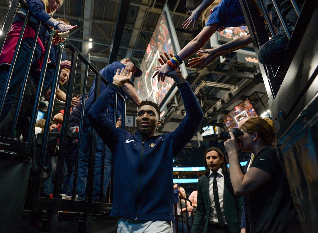 (Leah Hogsten | The Salt Lake Tribune) Utah Jazz guard Donovan Mitchell (45) had 22 points and 3 rebounds. The Utah Jazz defeated the Golden State Warriors 119-79 during their game, Tuesday, April 10, 2018 at the Vivant Smart Home Arena.