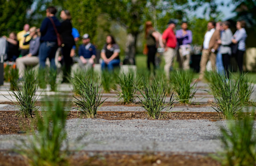 (Francisco Kjolseth | The Salt Lake Tribune) People attend the ribbon cutting of the new 6,315 square foot Wheeler Historic Farm Outdoor Education Center on Wednesday, May 11, 2022. Exterior landscaping, once established, will operate as a demonstration and teaching garden.