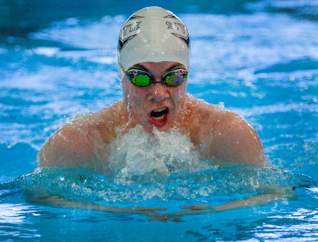 (Leah Hogsten  |  The Salt Lake Tribune)  l-r Box Elder's Eric Anderson swims the 100 yard breaststroke with time of 1:01.87 at the Class 5A State Championships in Bountiful, Saturday, February 10, 2018. 