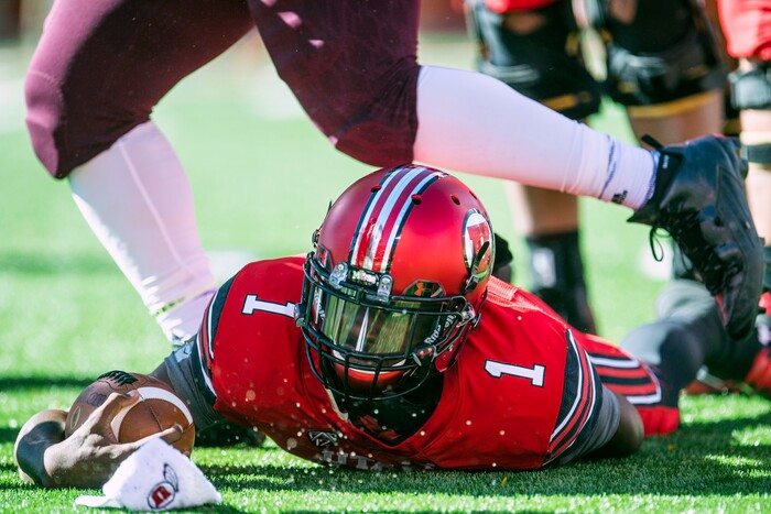 (Chris Detrick  |  The Salt Lake Tribune)  Utah Utes quarterback Tyler Huntley (1) remains on the ground after being tackled during the game at Rice-Eccles Stadium Saturday, October 21, 2017. 