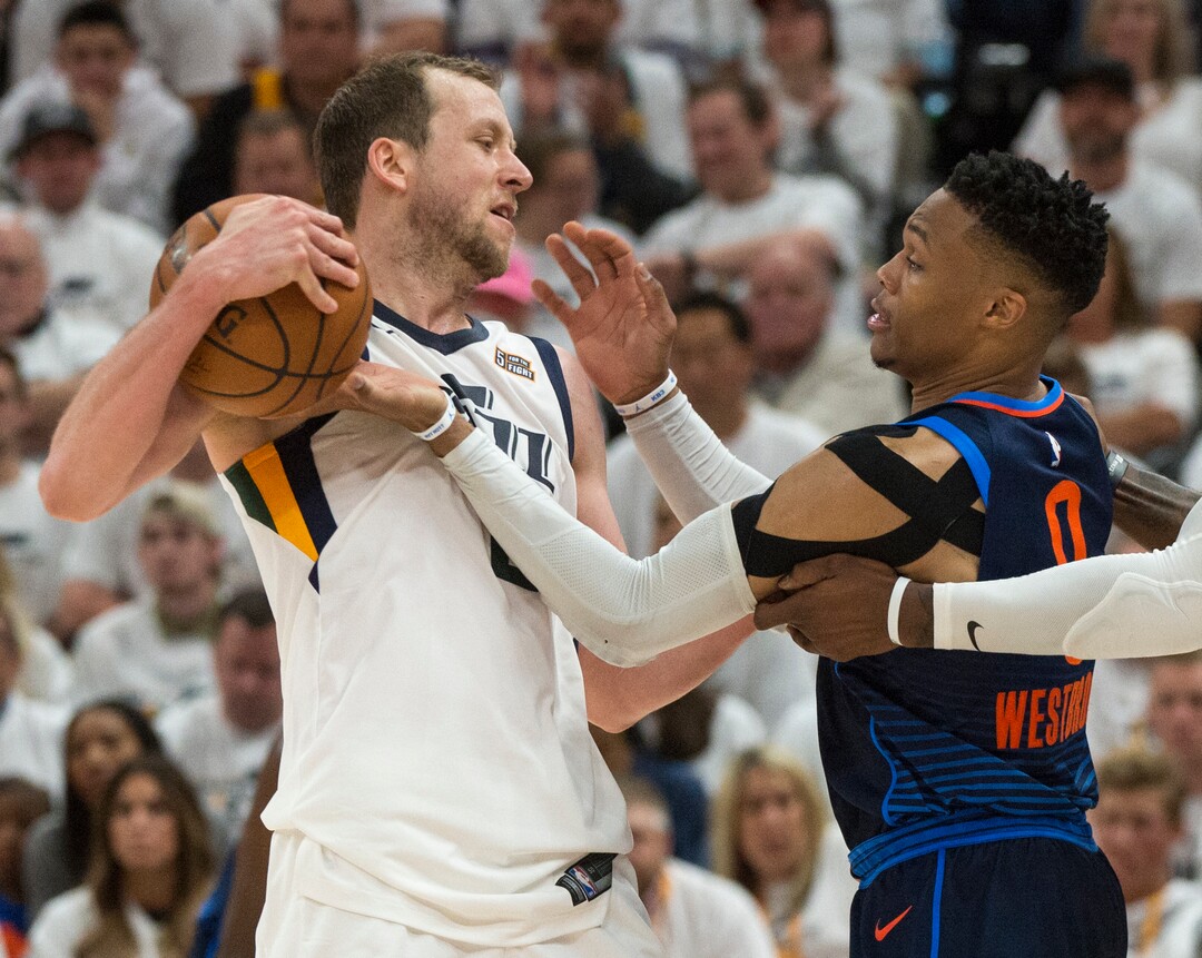 (Rick Egan  |  The Salt Lake Tribune)  Utah Jazz forward Joe Ingles (2) gets mixed up with Oklahoma City Thunder guard Russell Westbrook (0), in game 4, NBA playoff action between Utah Jazz and Oklahoma City Thunder, in Salt Lake City, Monday April 23, 2018.