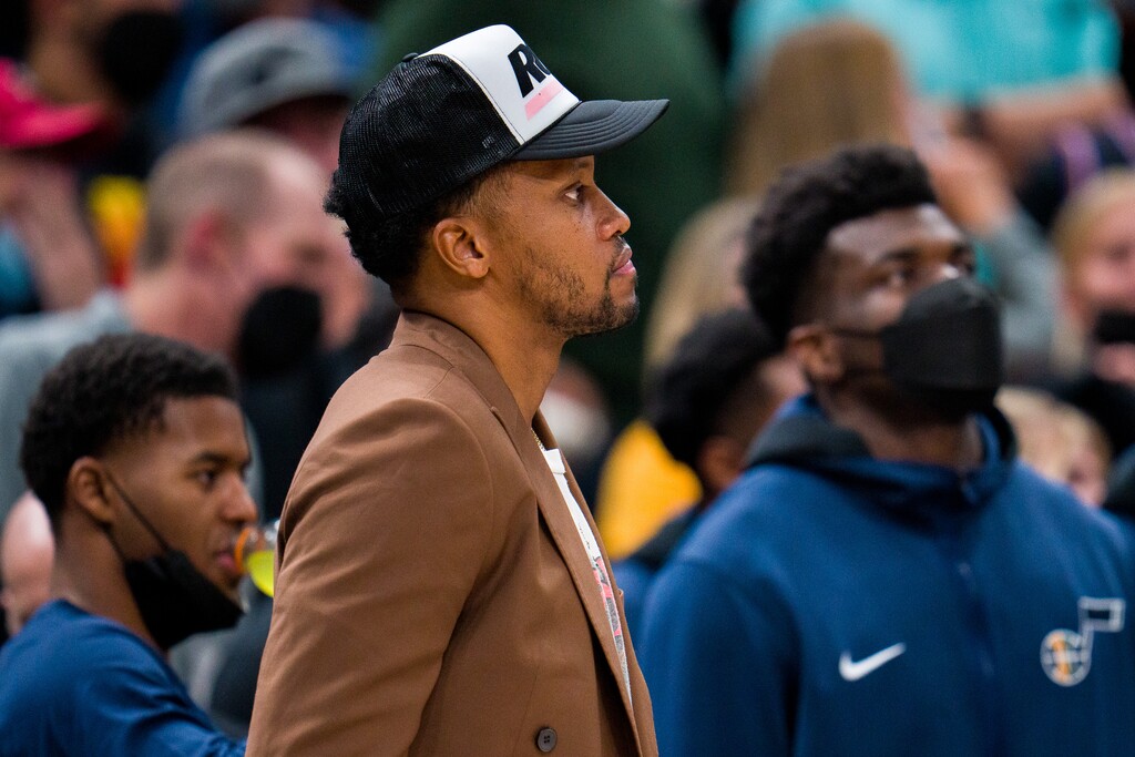 (Trent Nelson  |  The Salt Lake Tribune) Utah Jazz forward Rudy Gay (8) as the Utah Jazz host the Denver Nuggets, NBA basketball in Salt Lake City on Tuesday, Oct. 26, 2021.