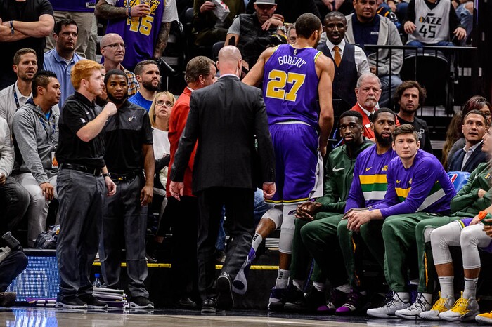 (Trent Nelson | The Salt Lake Tribune)  
Utah Jazz center Rudy Gobert (27) leaves the court. The Utah Jazz host the Houston Rockets, NBA basketball in Salt Lake City on Thursday Dec. 6, 2018.