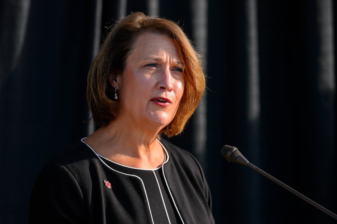 (Trent Nelson  |  The Salt Lake Tribune) University of Utah President Ruth Watkins speaks as the family of Lauren McCluskey announces a settlement of their lawsuit against the University of Utah, in Salt Lake City on Thursday, Oct. 22, 2020.