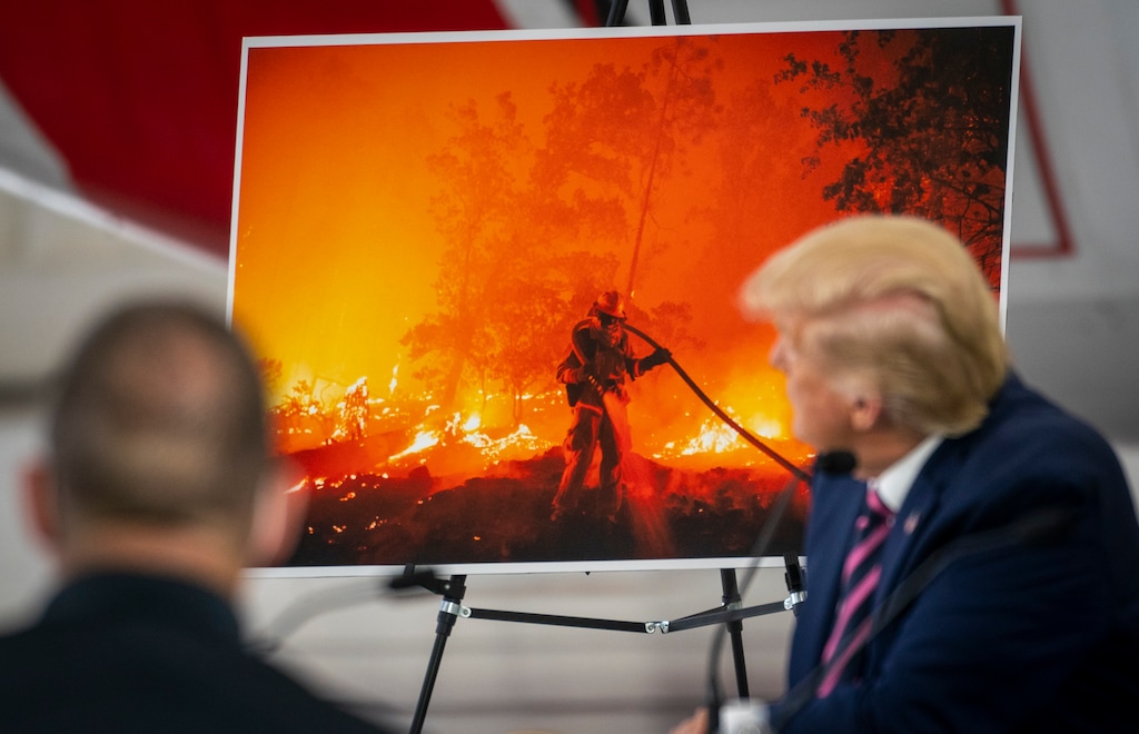 (Doug Mills |The New York Times)
Donald Trump takes part in a briefing on wildfires at the Sacramento McClellan Airport in McClellan Park, Calif., Sept. 14, 2020. "The 2020 election is over. And the big winners were the coronavirus and, quite possibly, catastrophic climate change," writes New York Times columnist Paul Krugman.